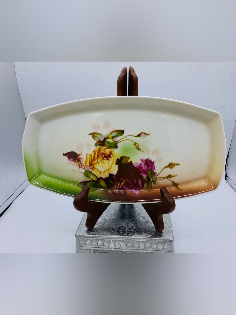 Vintage Floral Porcelain Serving Tray Relish Celery Dish Signed Silesia On Back